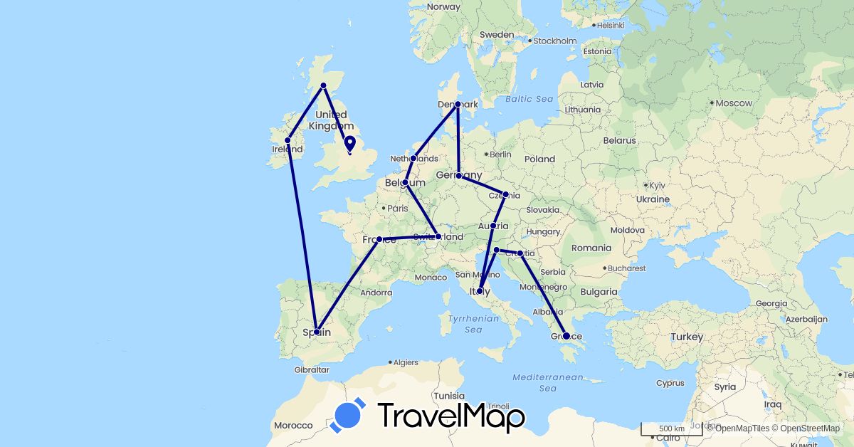 TravelMap itinerary: driving in Austria, Belgium, Switzerland, Czech Republic, Germany, Denmark, Spain, France, United Kingdom, Greece, Croatia, Ireland, Italy, Netherlands, Slovenia (Europe)